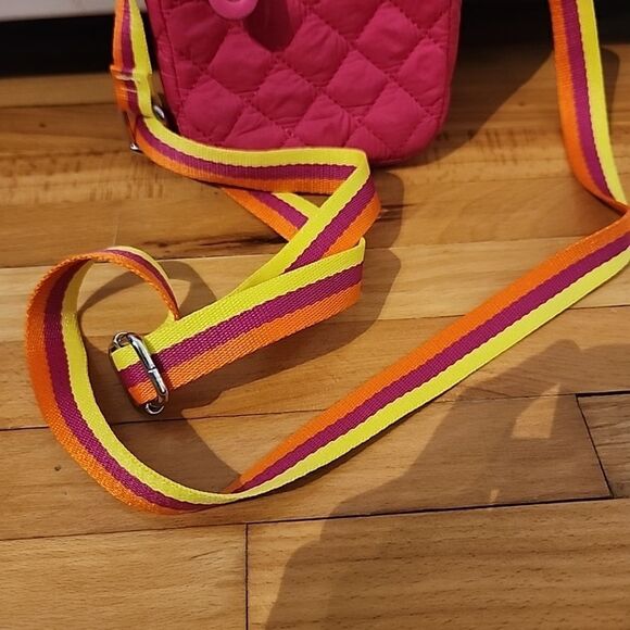 Sondra Roberts Squared Quilted Pink Crossbody Bag Rainbow Strap - Picture 2 of 7